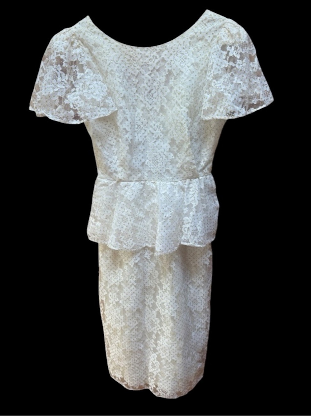 1950s Lace w/Gold Polka Dots & Flutter Sleeves‎ Peplum Dress